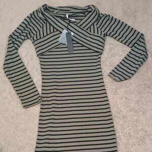 Poof! Apparel Dress Womens Small Olive Black Stripe Bodycon Surplice Crisscross